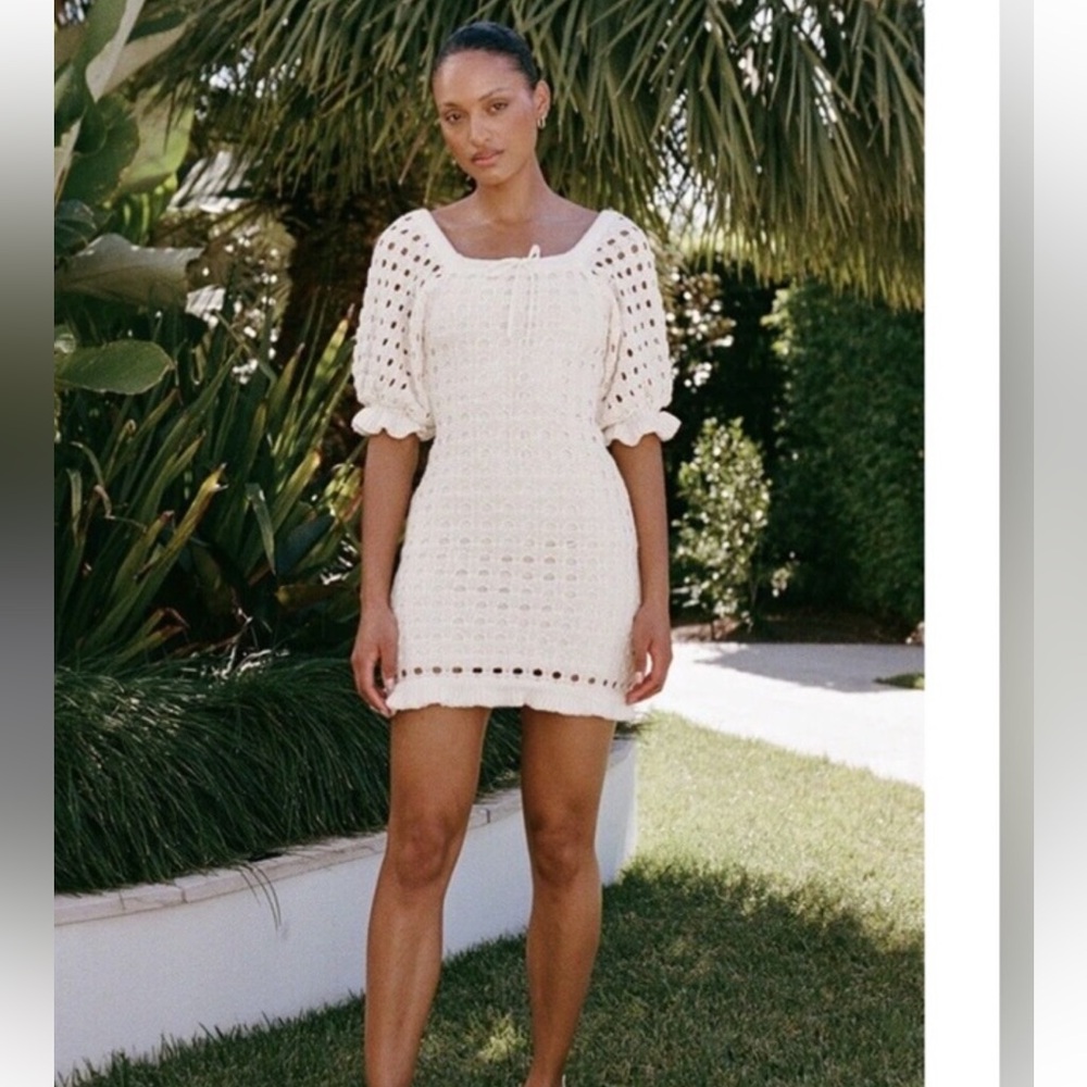 Sabo Skirt Cream Crochet Puff-Sleeve Mini Dress